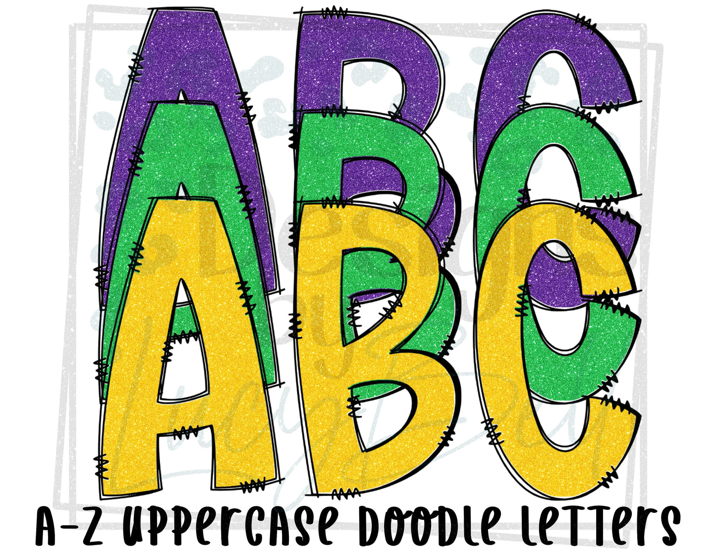 Purple Gold Green Glitter Uppercase Doodle Letters